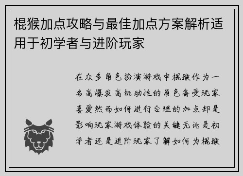 棍猴加点攻略与最佳加点方案解析适用于初学者与进阶玩家