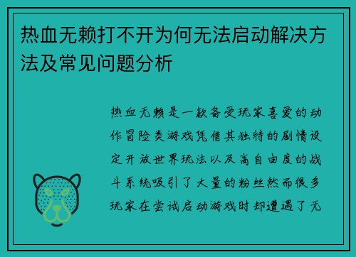 热血无赖打不开为何无法启动解决方法及常见问题分析